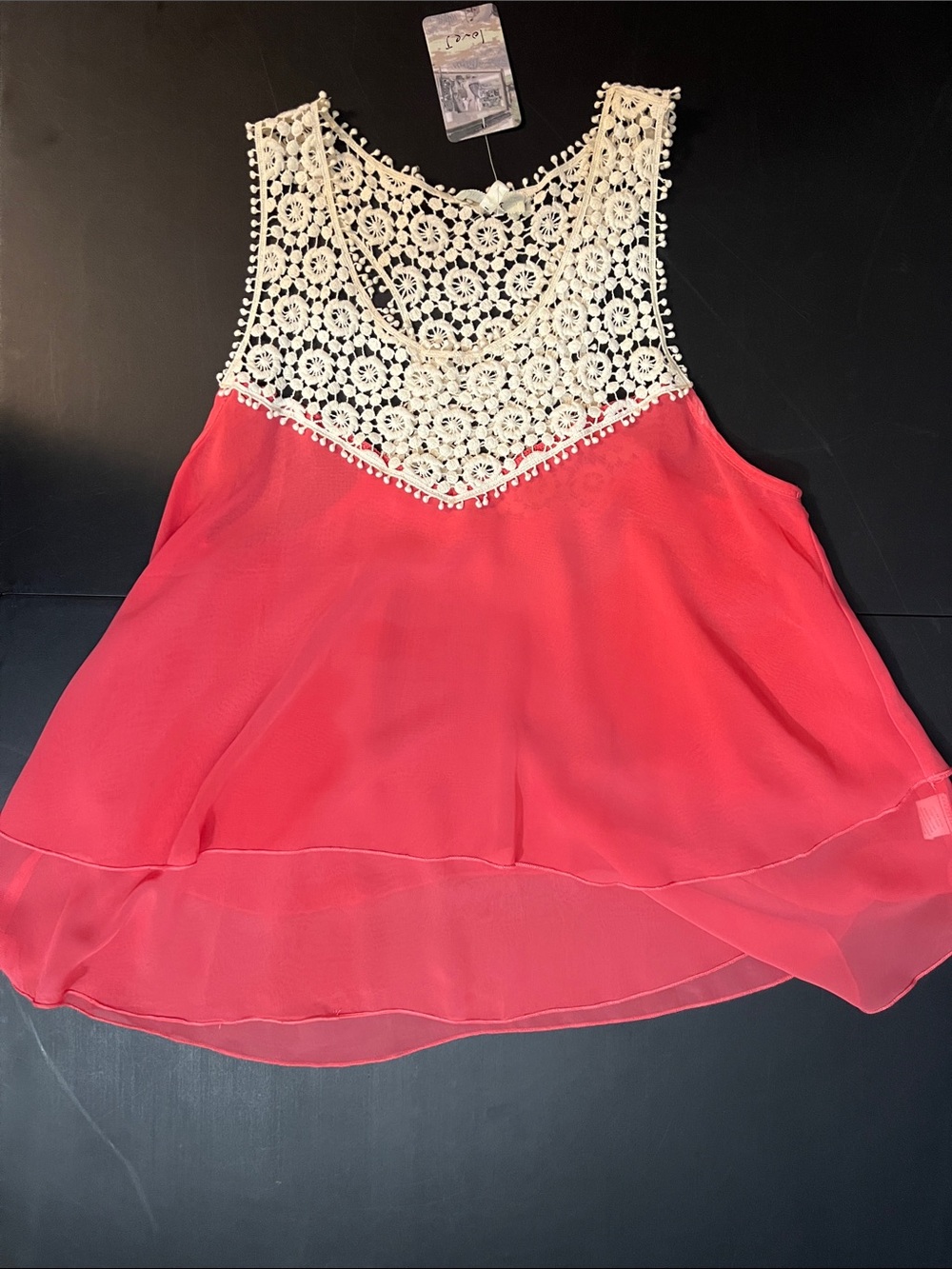 love J Coral Chiffon Tank with Cream Crochet Yoke
